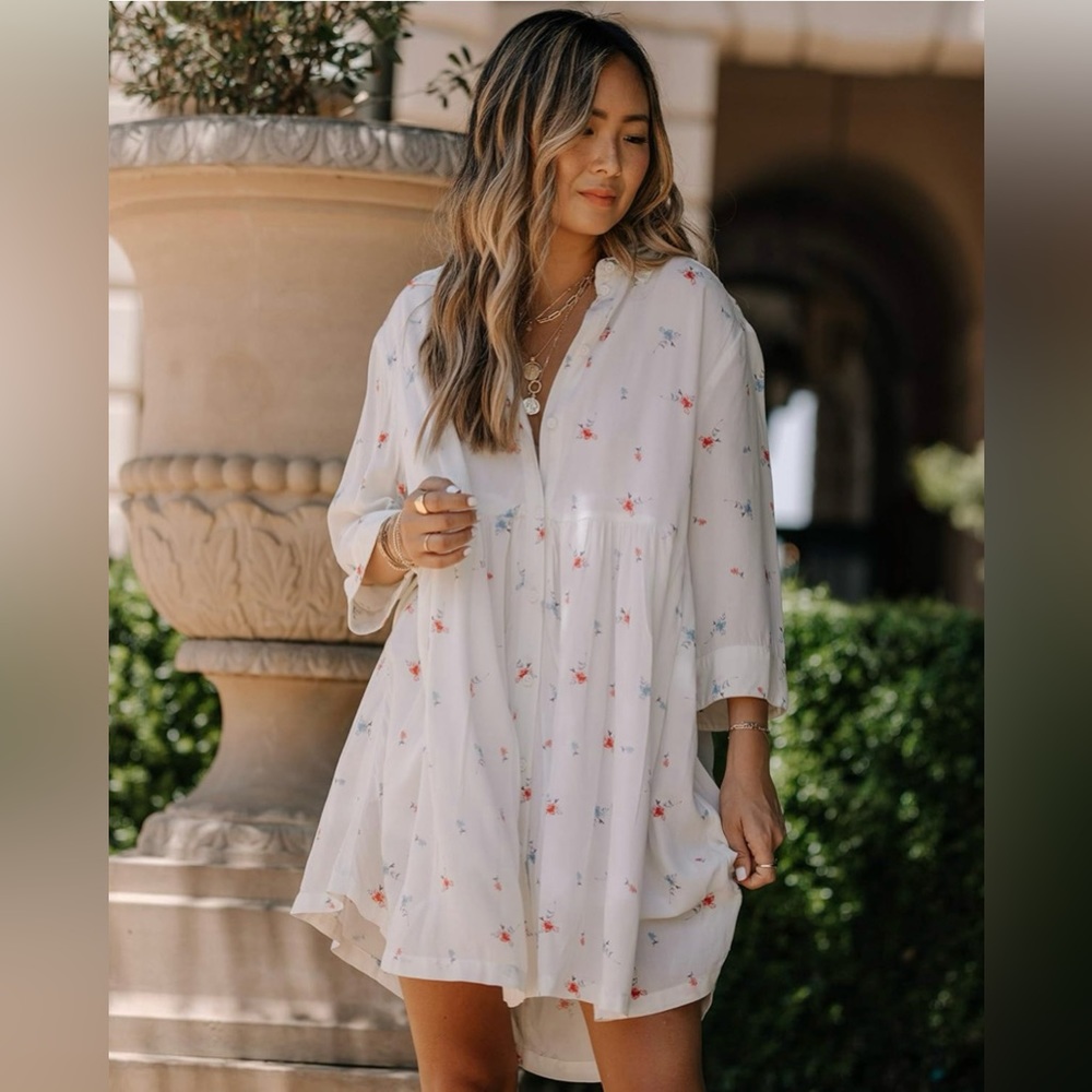 White Print Loose Fit Flared Button Down Dress